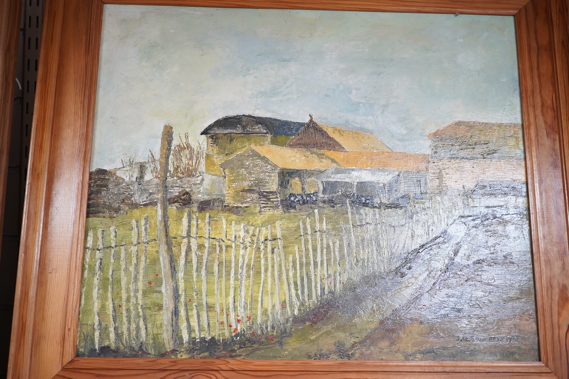 J G Saunders, pair of oils, one on board, one on canvas, 'Great Grove Farm, Ottershaw' and 'Broadwater Farm, Weybridge', 50 x 75cm. Condition - good